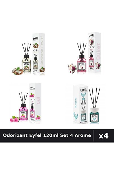 Eyfel Set 4 Odorizant Cameră Betișoare 120ml - Angel, Buchet, Nuc Cocos, Tran...