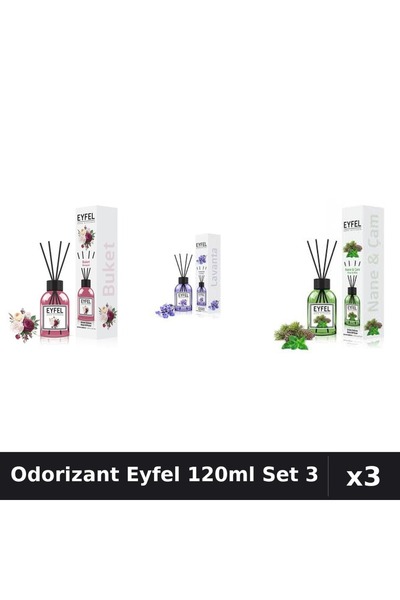 Eyfel Set 3 Odorizant Camera Betisoare 120ml - Bouquet, Lavandă, Pin și Mentă