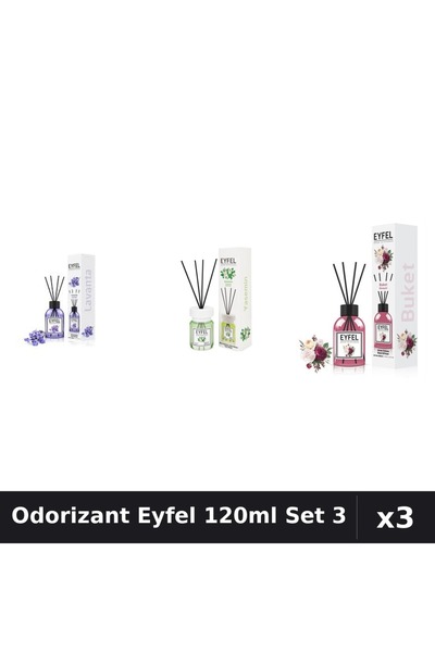 Eyfel Set 3 Odorizant Camera cu Betisoare 120ml - Lavanda, Iasomie, Bouquet