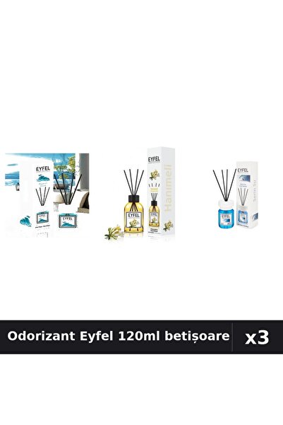 Eyfel Set 3 Odorizant Cameră Betișoare 120ml - Ocean, Mână Maicii Domnului, C...