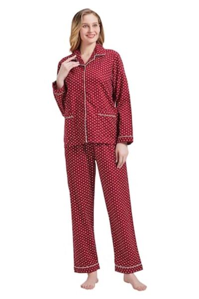 Global SetPijama Dama Global, Finet, Bumbac 100%, Model Inimioare Rosu/burgun...