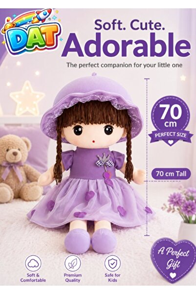 DAT Soft Plush Girl Doll with Tulle Heart Dress, Ruffle Hat & Yarn Braids 70c...