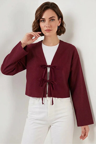 Efnaz style Women's V-Neck Front Tie Linen Burgundy Kimono
