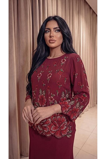 velle velente Gül Desenli Krep Kumaş Bordo Bluz
