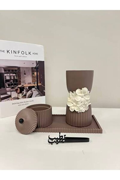 bity thok طقم مبخرة سيراميك بني مع صينية وملقط