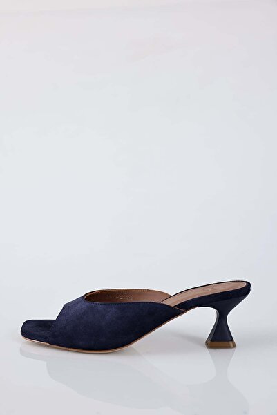 5in1Canpolat Navy Blue Suede Heeled Slippers 26098