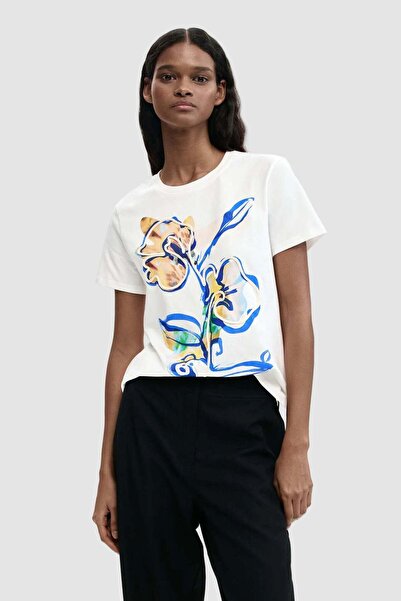 Desigual Women's T-shirt white with multicolor graphic print - M
