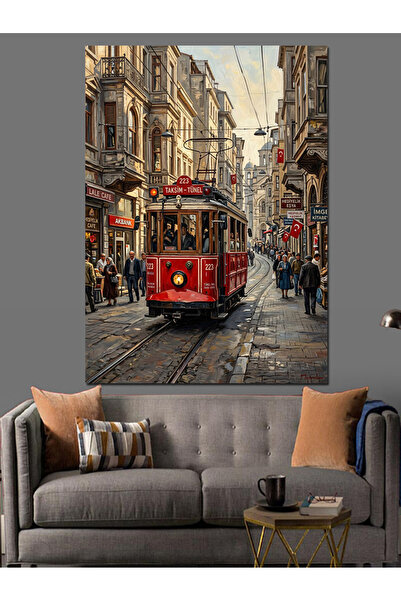 Tablo Mega Yağmurlu Şehirde Kırmızı İstanbul Tramvayı Dekoratif Kanvas - Mdf ...