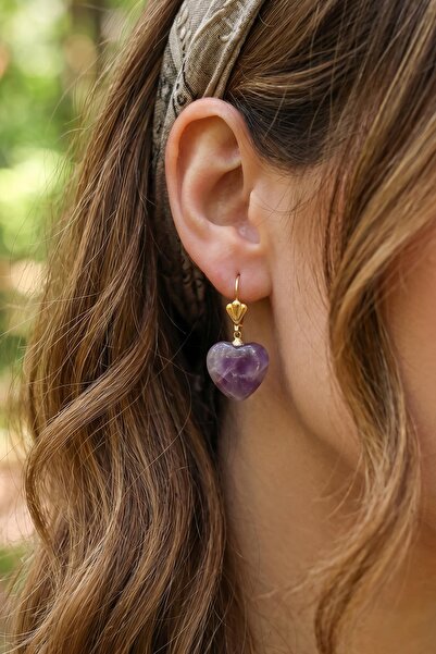 Taş Sandığı Amethyst Stone Heart-Shaped Steel Earrings - Gold Color