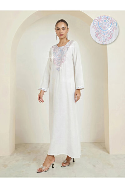 Amirah By Styli White Embroidered Yoke Jalabiya with Embellishment