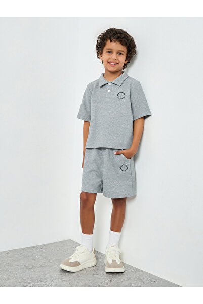 Take Two By Styli Boys Text Print Textured Polo and Shorts Set