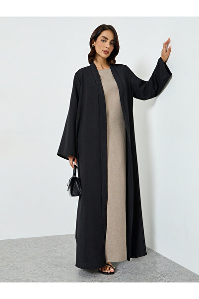 Amirah By Styli Black Front Open Flared Solid Abaya