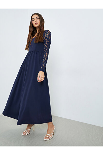Styli Navy Blue Lace Sleeves A-Line Maxi Dress