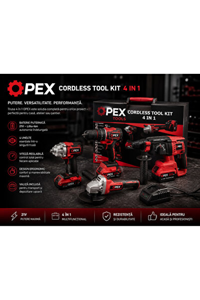 opex Set de scule 4 piese 21V 5Ah cu ciocan rotopercutor, mașină de găurit, m...