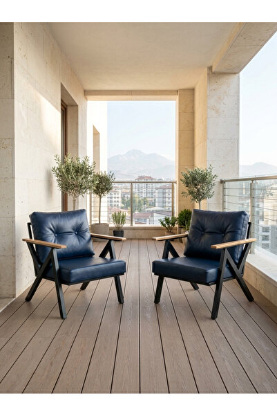Azra Aksesuar Lacivert Venedik Model 2 Adet Balkon Berjer Takımı Siyah Metal ...