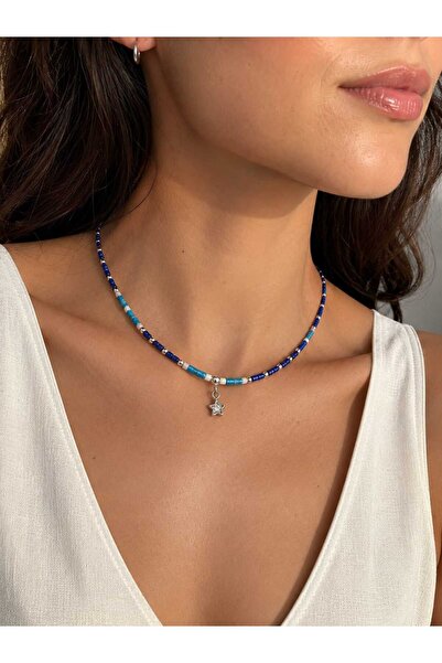 Frost Jewellry 925 ayar mor ve mavi boncuklu ucunda yıldız olan gümüş kolye