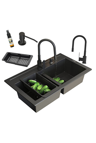 Granitan Set Chiuveta Granit Dubla DUET Neagra 74.6x44.2 cm, cu baterie Grado...