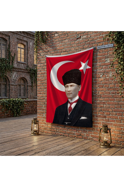 puntodizayn Ay Yıldız Kalpaklı Atatürk Portresi poster Bayrak Raşel Kumaş 100...