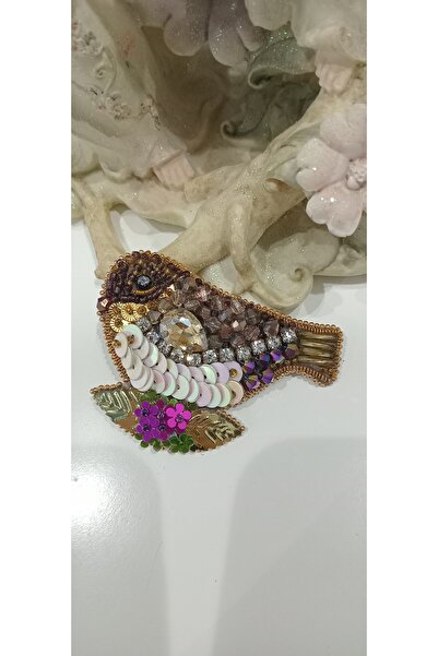 ANKA EL SANATLARI El Yapımı Minik Serçe Broş - Güzel Kuş Temalı Kristal İşlem...