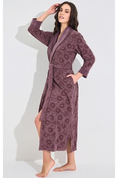 Nuşa Premium Women's Shawl Collar Jacquard Stylish Elegant Natural Bamboo Cotton Dressing Gown