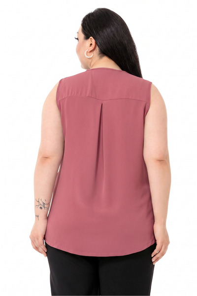 DISENTIS MODEST Plus Size Covered Button Sleeveless Dusty Rose Shirt with Side Slits