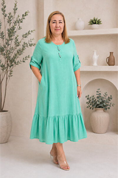 DARKWIN Plus Size Crew Neck Women's Dress with Metal Accessories, Sleeve Fold...
