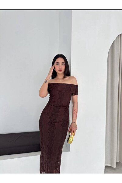 By Kuzey Aras Women's Boat Neck Lace Detailed Midi Draped Stretch Fabric Styl...