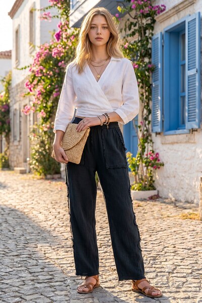 bacc Black Elastic Waist Washable Linen Look Casual Shalwar Trousers with Dir...