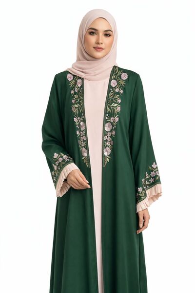 VELHAYA Green Embroidered Dubai Abaya – Floral Front Open Elegant Abaya