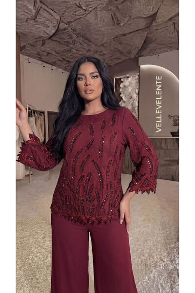 velle velente Damla Taş Detaylı Başak Desenli Bordo Krep Bluz
