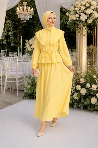 Neşeli Butik Women's Yellow Cotton Linen Collar Detailed Belted Summer Double...