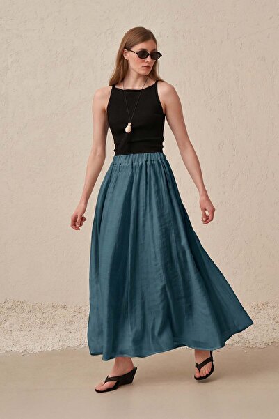 ALLDAY Green Elastic Waist Lined Tencel Flared Skirt