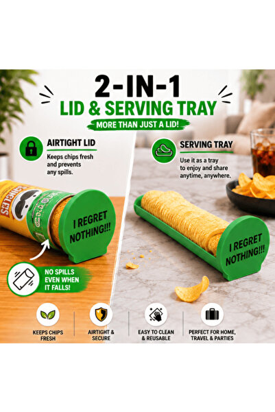 Lulu's Prints Tava glisanta pentru chipsuri compatibil cu tuburile Pringles, suport cu sistem de ridicare si capac, reutilizabil, imprimare 3D, Verde, plastic 68x200 mm