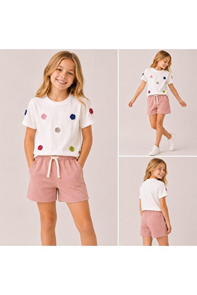 ciklet kids Devojčin set sa ručno vezenim gornjim i donjim delom i šortama