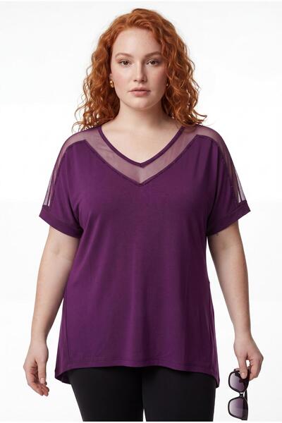 Ebsumu Women's Plus Size Tulle Detail Purple Blouse