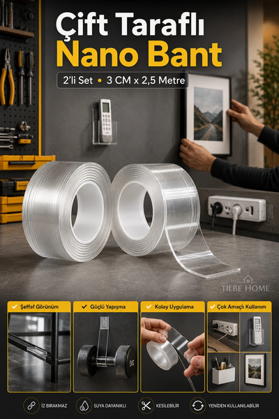 Tilbe Home 2 Adet Çift Taraflı 2 Metre Nano Bant Teknolojili Süper Güçlü Band...