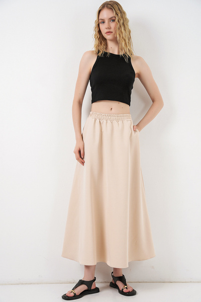 Merterium Women's Elastic Waist Long Skirt 1482 - Beige