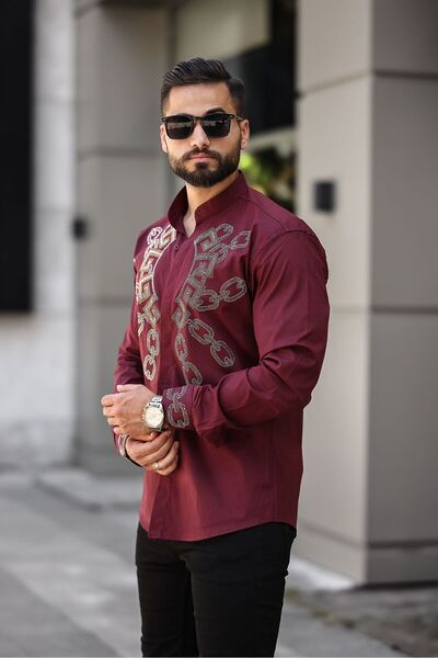 BAYIM Geometrik Zincir Desenli Slim Fit Hakim Yaka Taş İşlemeli Erkek Gömlek
