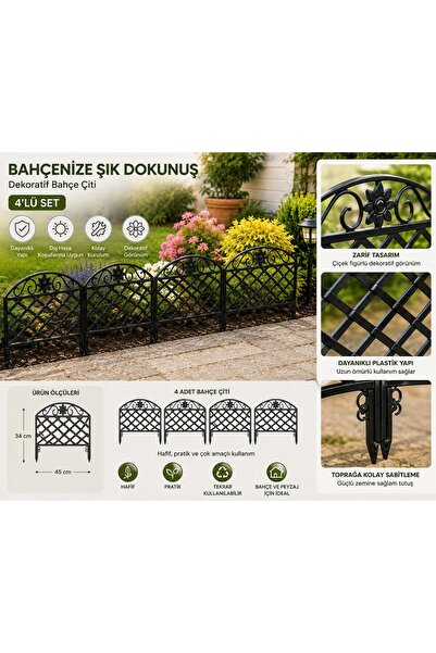 LOREMPBOX 4’lü Set Dekoratif Bahçe Çiti 34x45 cm Plastik Çiçeklik Sınırlandır...