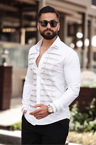 BAYIM Zincir Motifli Slim Fit Gömlek Klasik Yaka Erkek Taş İşlemeli