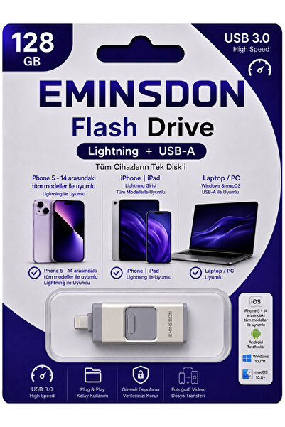 EMiNSDON 128Gb Flash Memory Lightning USB Otg Compatible with iPhone 5-14 Mod...