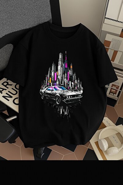 Infire clothing تي شيرت قطني كبير الحجم مطبوع عليه مباني سيارات للجنسين للرجا...