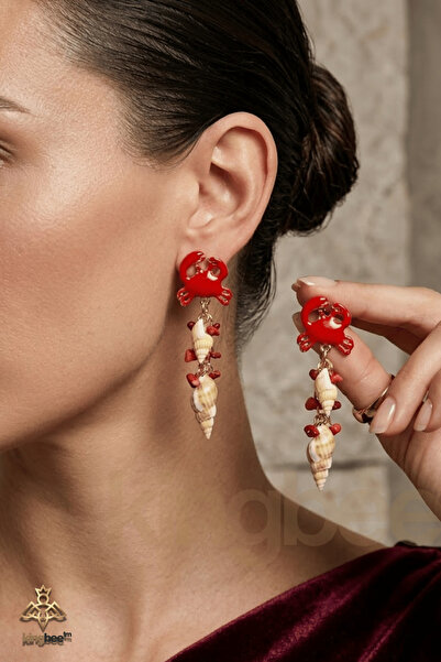 King Bee Natura Seri̇ Women's Red Crab Figured Natural Seashell Dangle Summer...