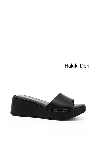 LC Waikiki Nevavm Women's Emerald-Black Wedge Sole Genuine Leather Slippers