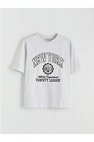 LC Waikiki New Season Gray Printed Oversize Women's Ribbed T-Shirt