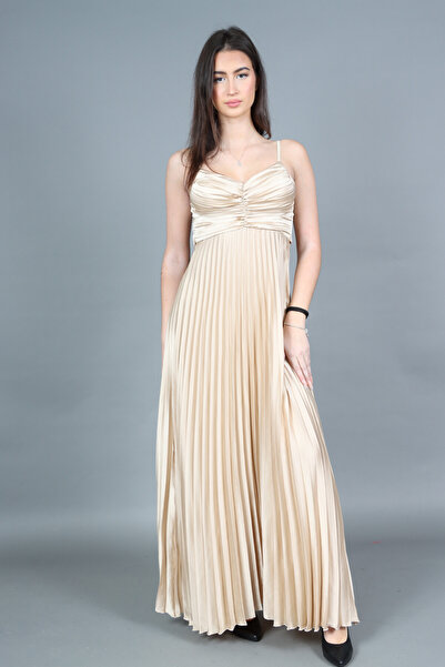 New Collectıon Stacy Satin Pleated Maxi Dress with Cutout Back and Adjustable...
