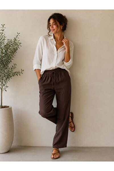 ModaYaren Linen Mixed Loose Cut Waist-Tie Pants