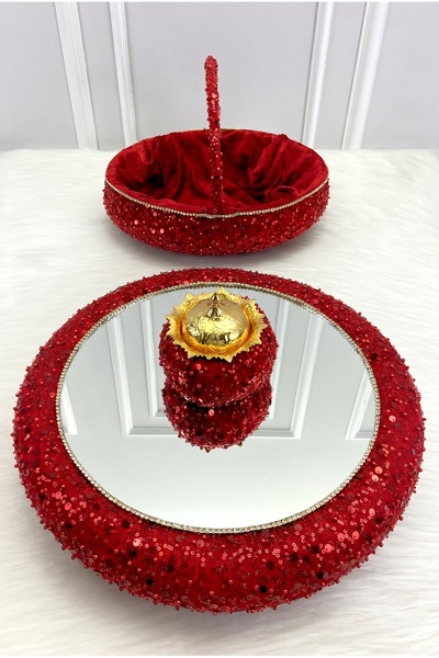 ZEYMERADE Red Shiny Stone Henna Night Tray Basket Bridal Set, Sequin Mirrored...