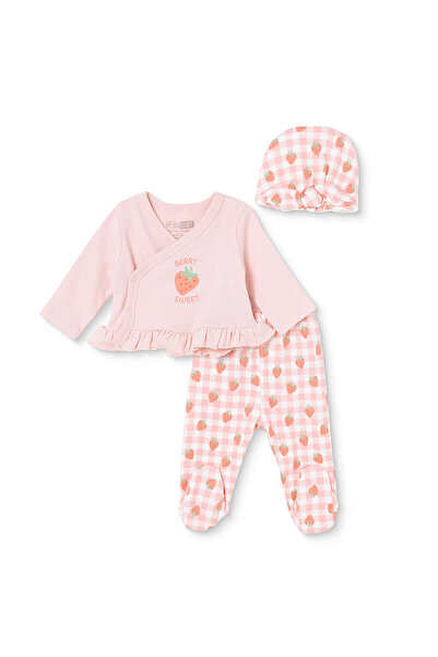 ebebek Hello Baby HelloBaby Kız Bebek Zıbın-Şapka-Alt Çilek Baskılı Çıtçıtlı V Yaka Uzun Kol Patikli