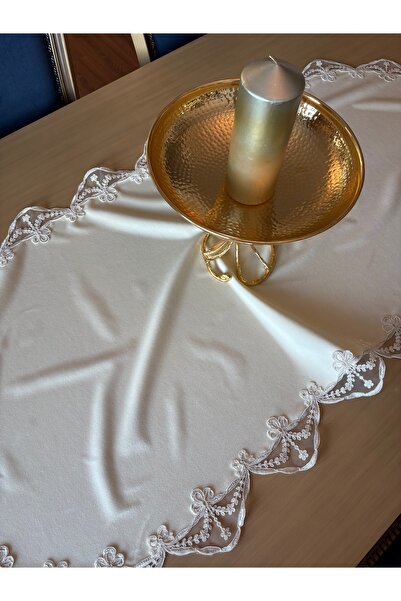 ELORA MAISON Fransız dantelli oval günlük hediyelik kadife yemek masası runne...